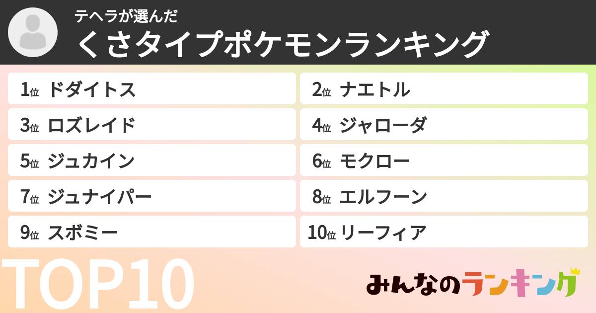 テヘラさんの「くさタイプポケモンランキング」