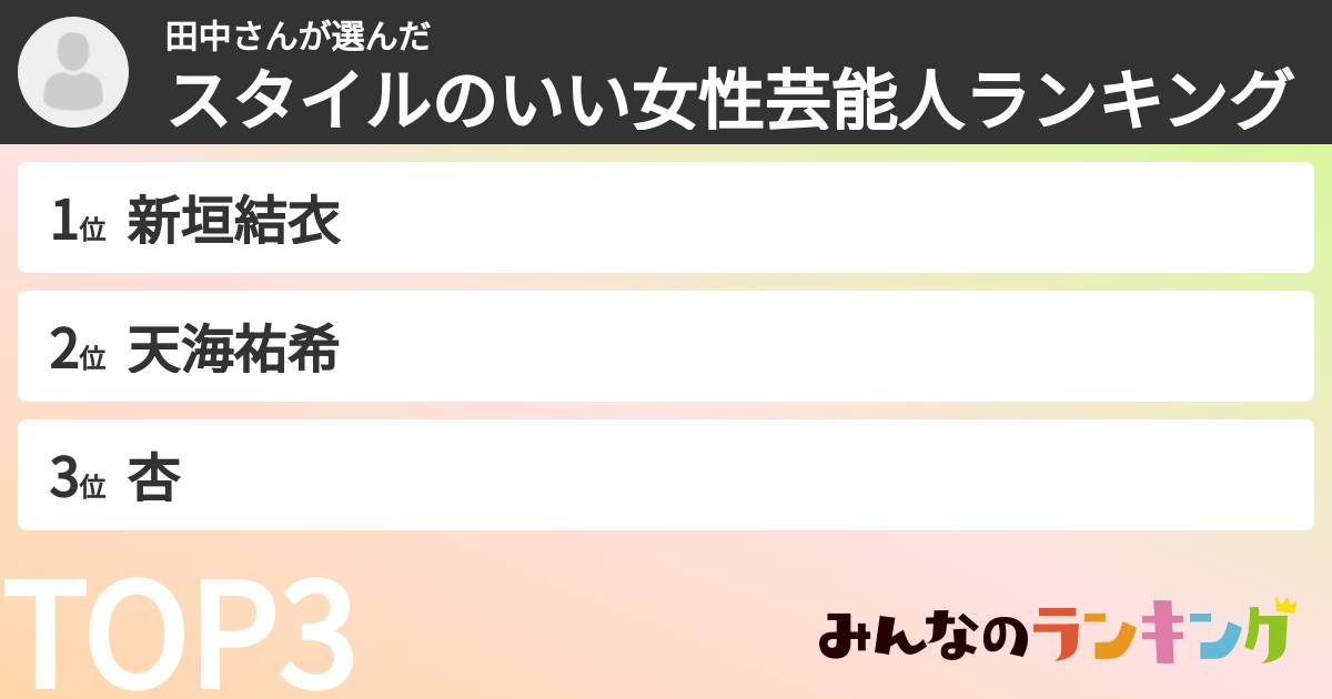 田中さんさんの「スタイルのいい女性芸能人ランキング」