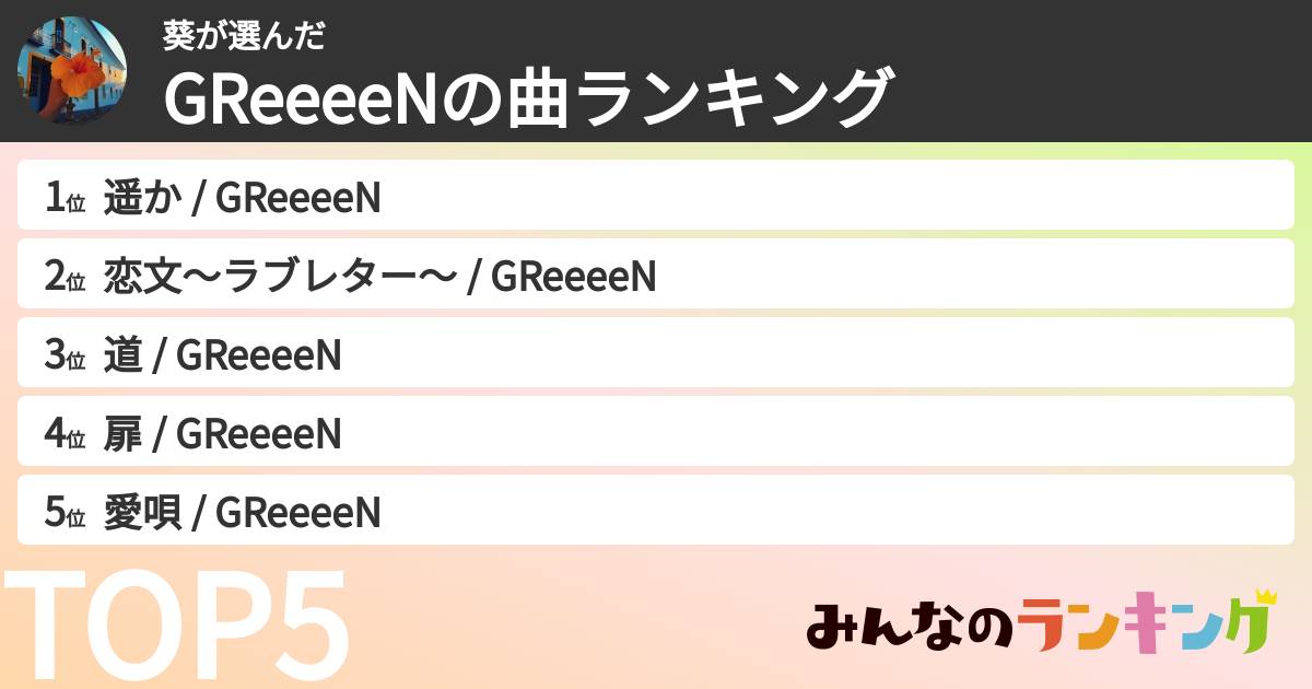 葵さんの「GRe4N BOYZの曲ランキング」