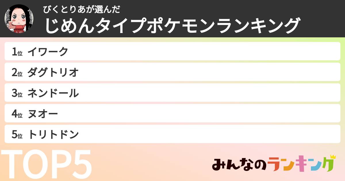 びくとりあさんの「じめんタイプポケモンランキング」