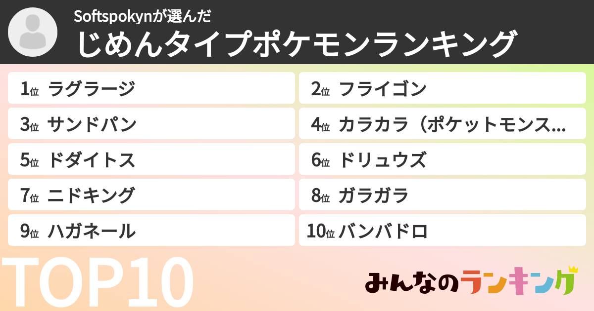 Softspokynさんの「じめんタイプポケモンランキング」