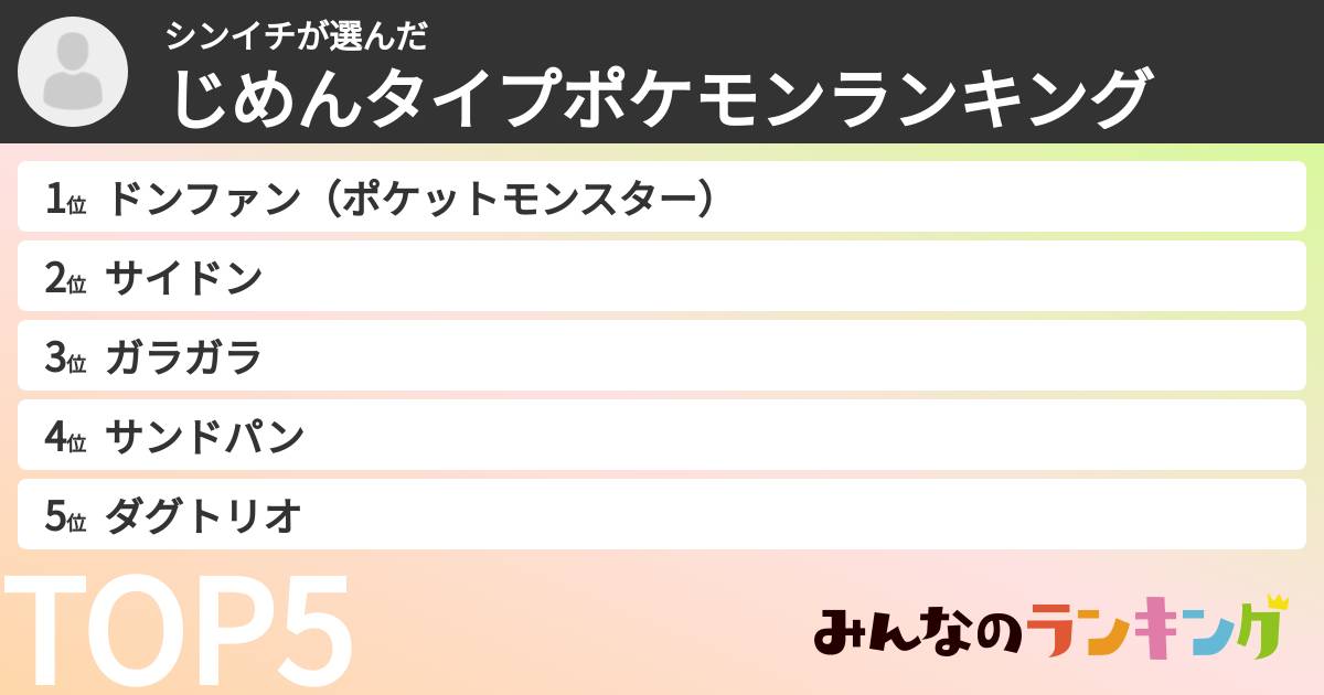 シンイチさんの「じめんタイプポケモンランキング」