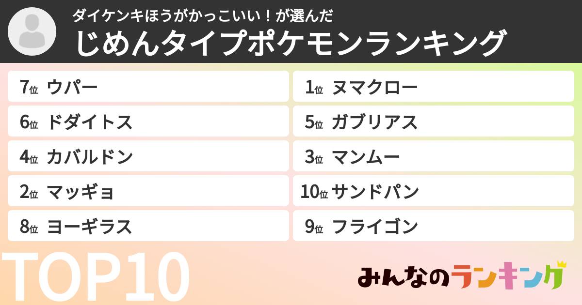 ダイケンキほうがかっこいい！さんの「じめんタイプポケモンランキング」