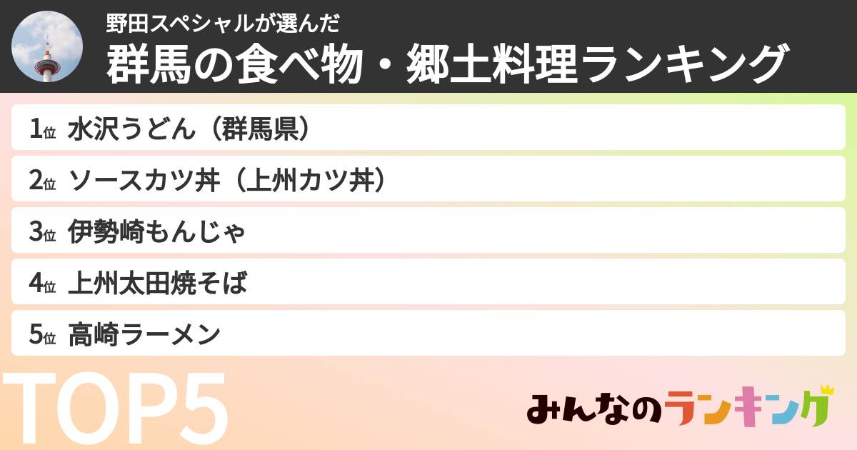 野田スペシャルさんの「群馬の食べ物・郷土料理ランキング」