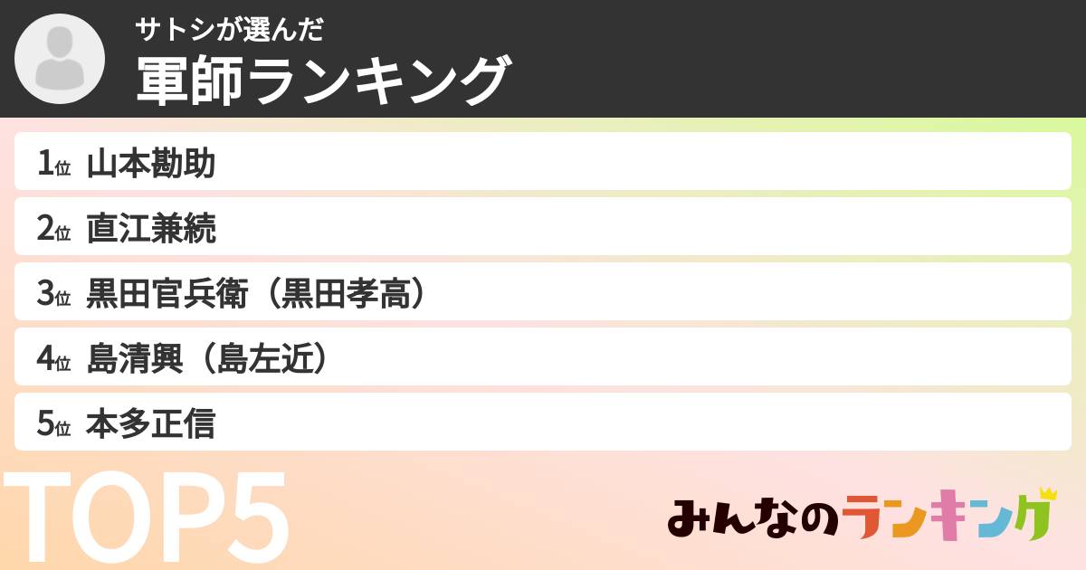 サトシさんの「軍師ランキング」