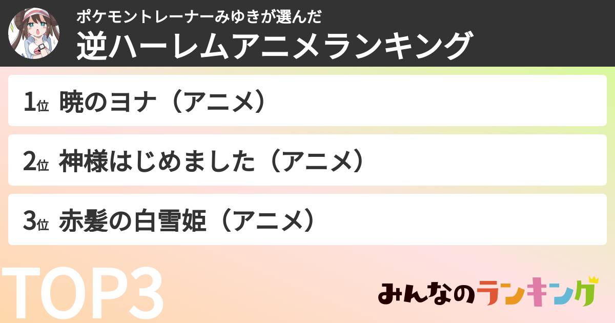 ポケモントレーナーみゆきさんの「逆ハーレムアニメランキング」
