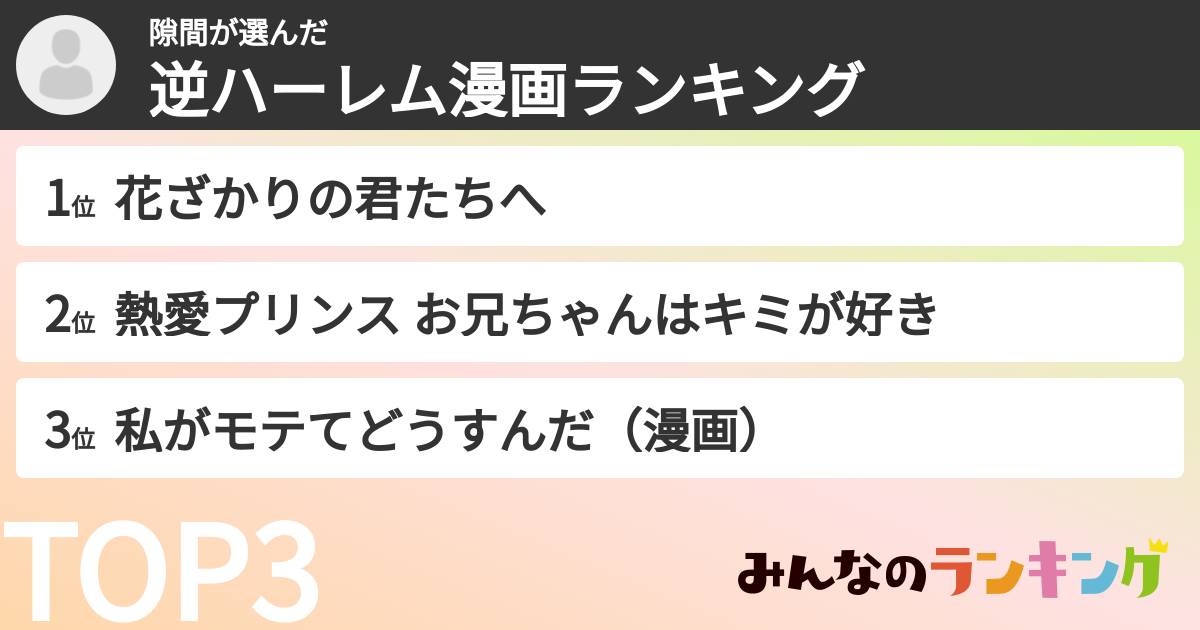 隙間さんの「逆ハーレム漫画ランキング」