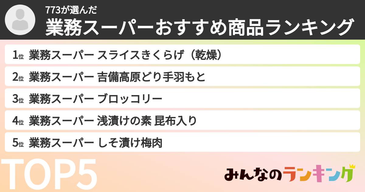 773さんの「業務スーパーおすすめ商品ランキング」