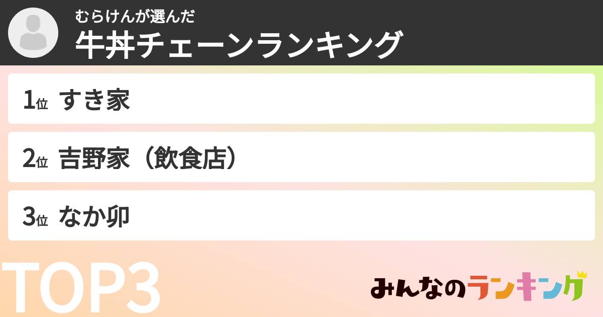 むらけんさんの「牛丼チェーンランキング」