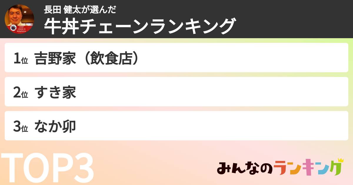 長田 健太さんの「牛丼チェーンランキング」