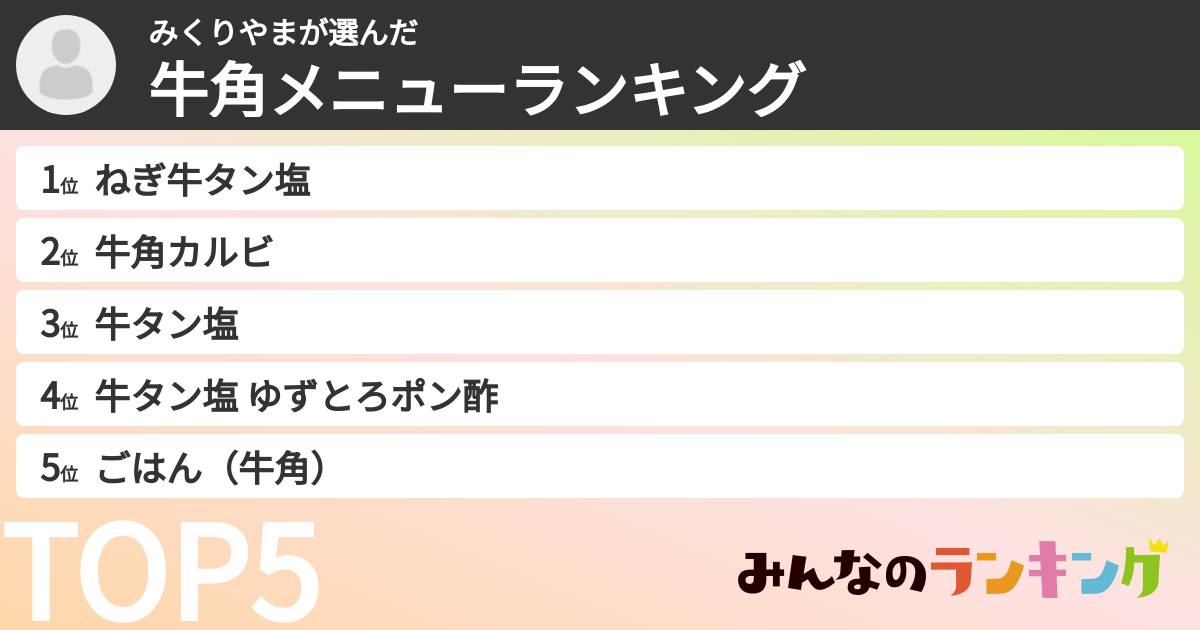 みくりやまさんの「牛角メニューランキング」