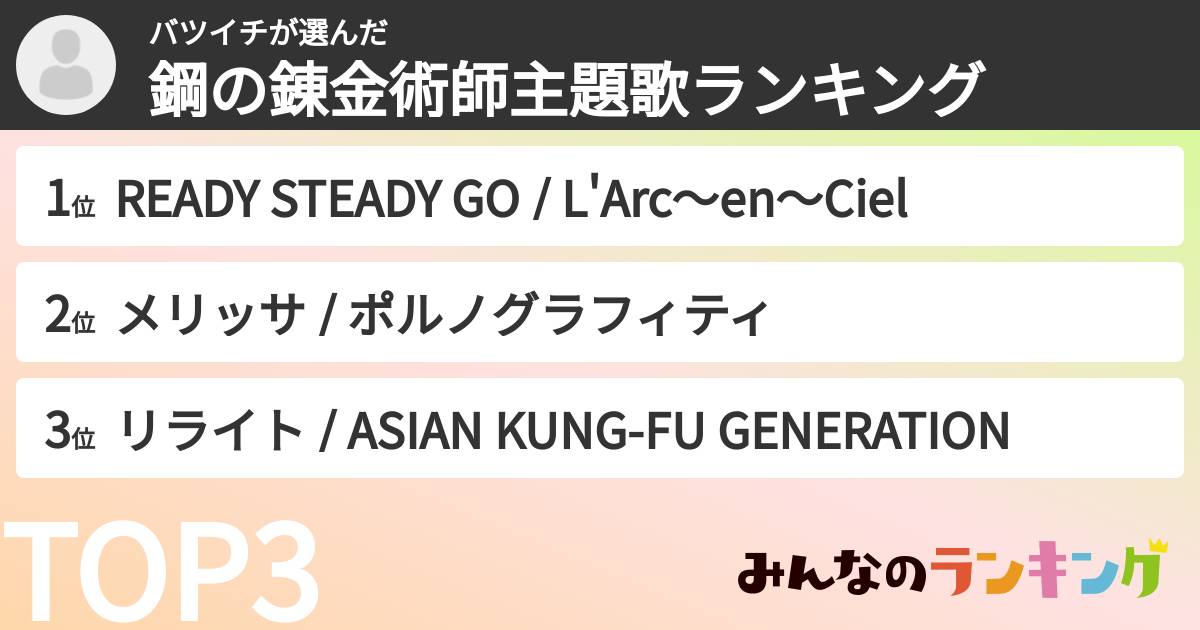 バツイチさんの「鋼の錬金術師主題歌ランキング」