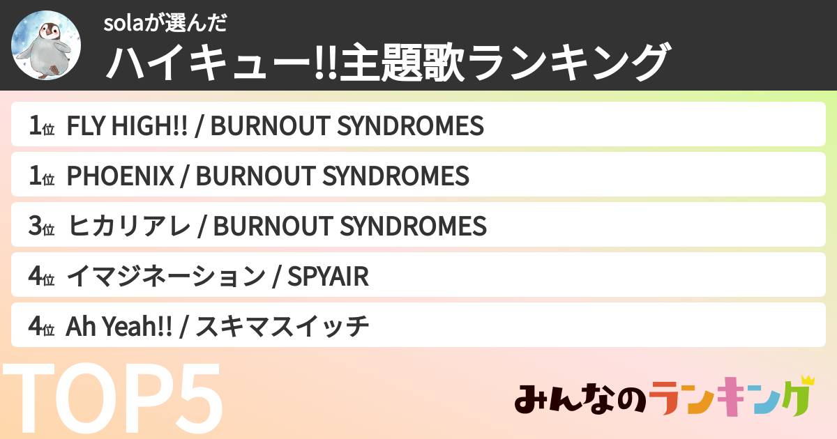 solaさんの「ハイキュー!!主題歌ランキング」