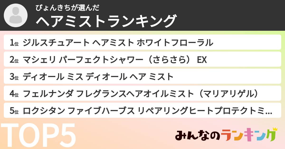 ぴょんきちさんの「ヘアミストランキング」