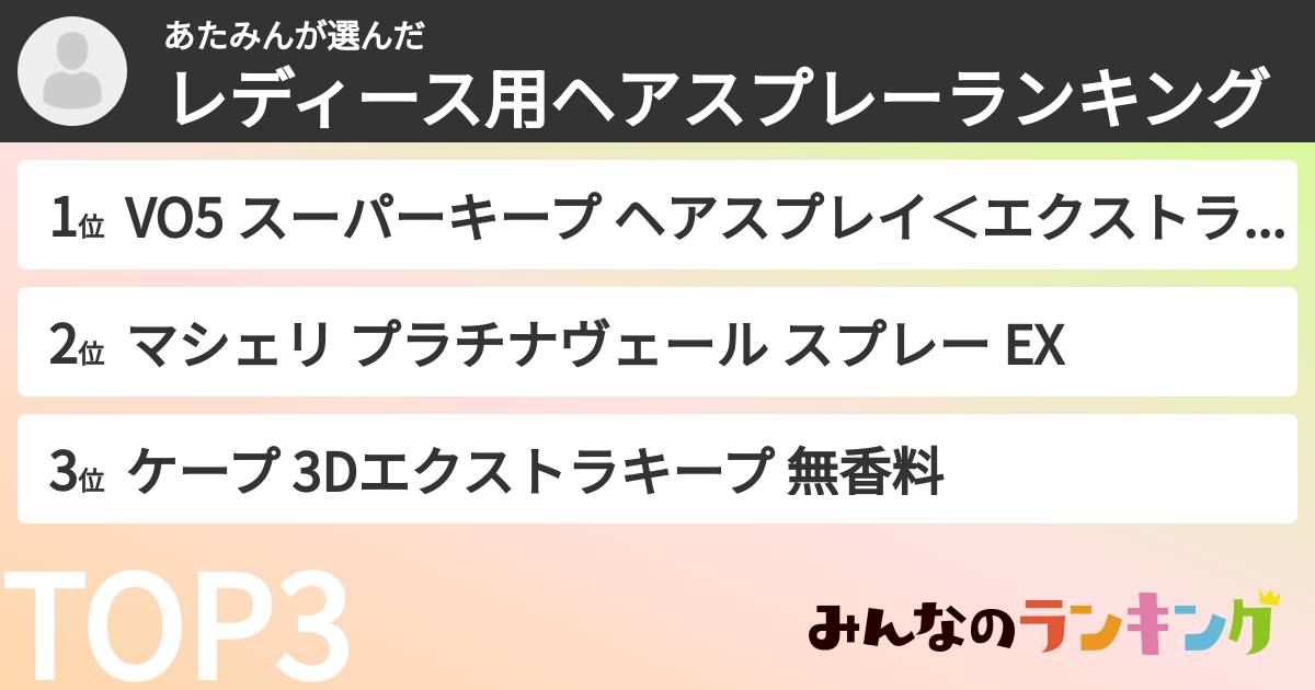あたみんさんの「レディース用ヘアスプレーランキング」