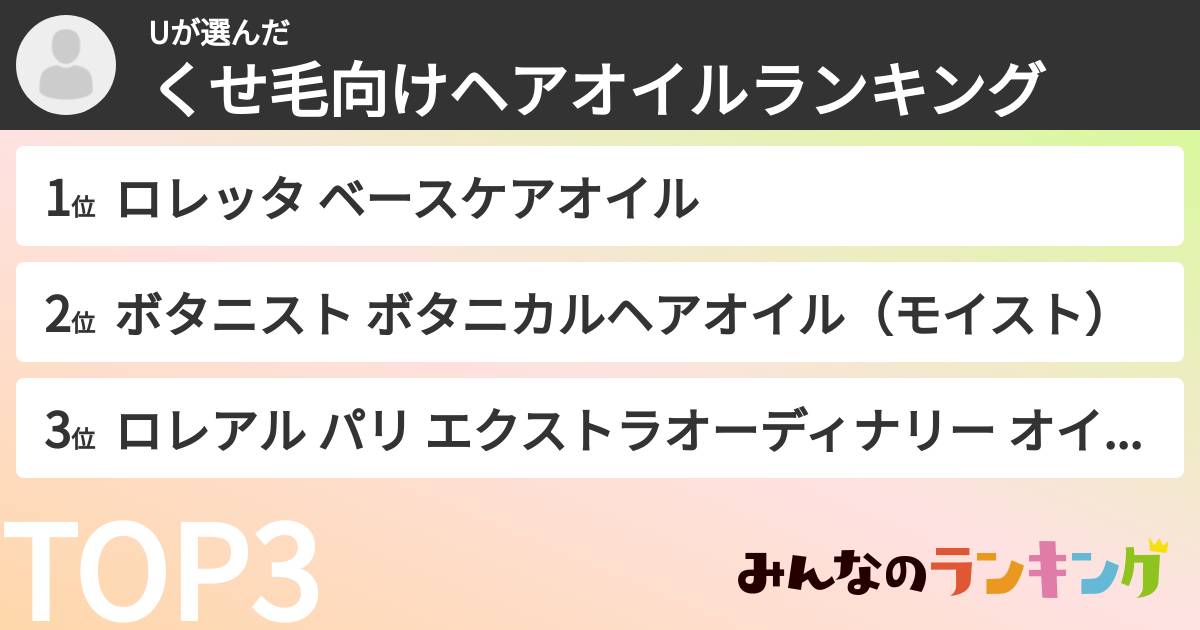 Uさんの「くせ毛向けヘアオイルランキング」