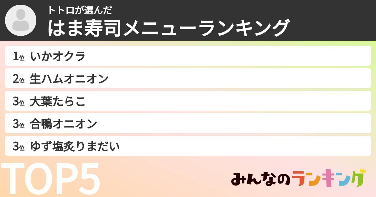 トトロさんの「はま寿司メニューランキング」
