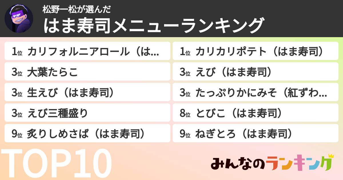 松野一松さんの「はま寿司メニューランキング」
