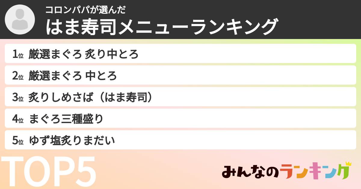コロンパパさんの「はま寿司メニューランキング」