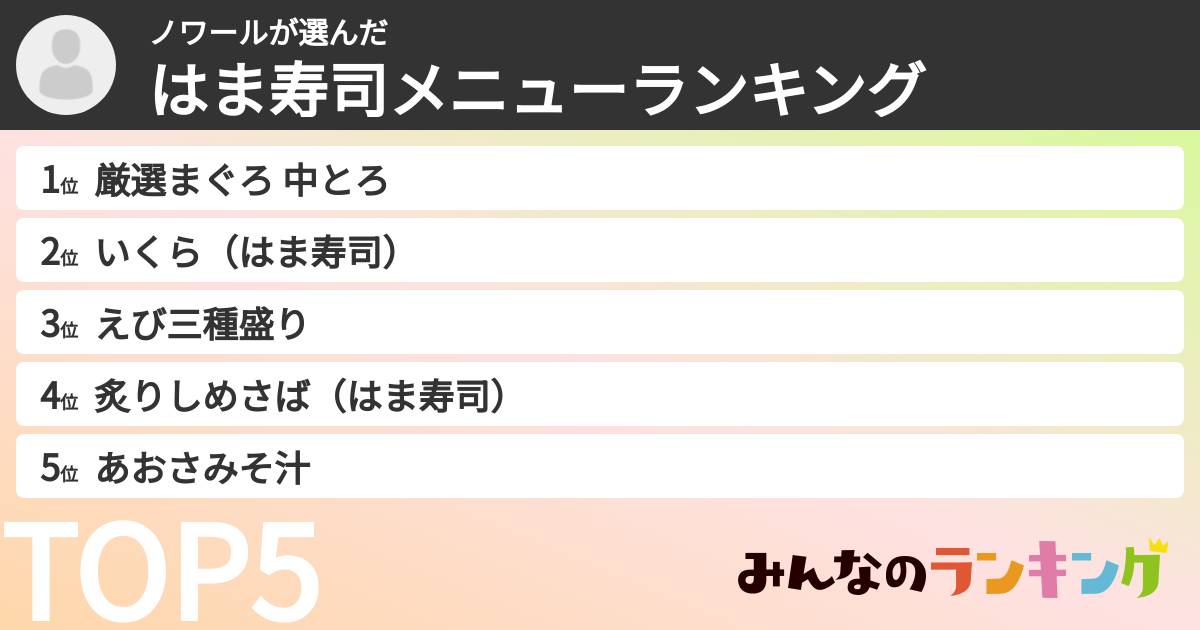 ノワールさんの「はま寿司メニューランキング」