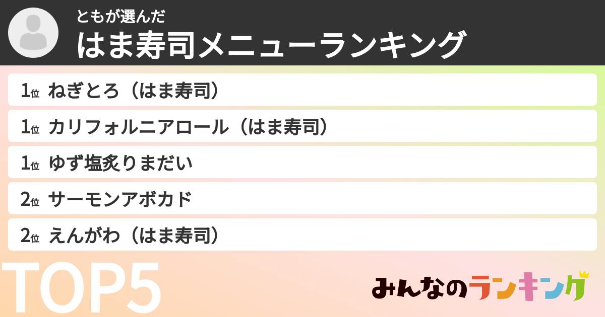 ともさんの「はま寿司メニューランキング」