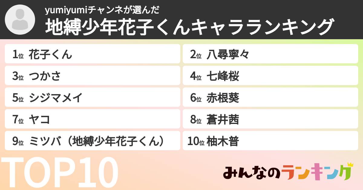 yumiyumiチャンネさんの「地縛少年花子くんキャラランキング」