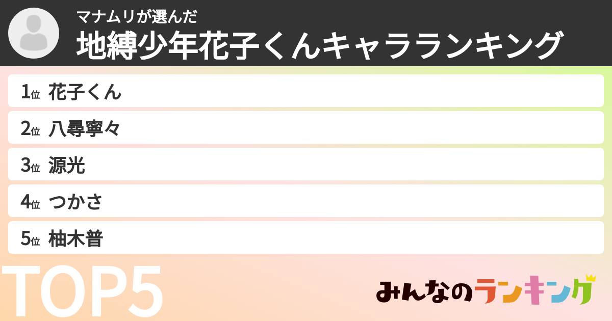 マナムリさんの「地縛少年花子くんキャラランキング」