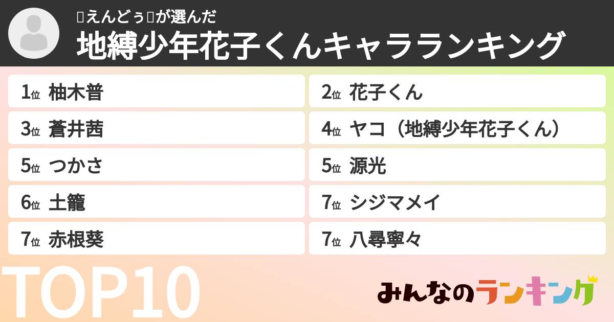 🥚えんどぅ🥚さんの「地縛少年花子くんキャラランキング」