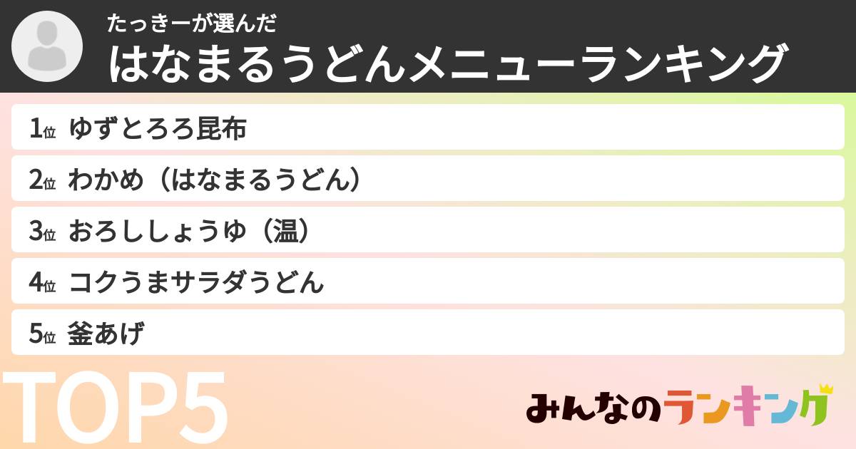 たっきーさんの「はなまるうどんメニューランキング」