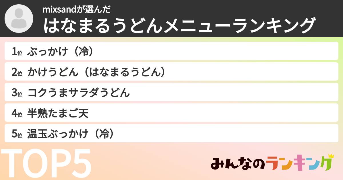 mixsandさんの「はなまるうどんメニューランキング」