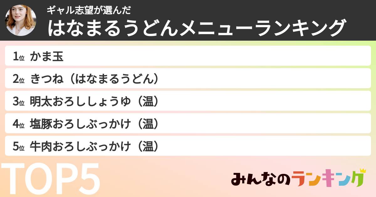 ギャル志望さんの「はなまるうどんメニューランキング」