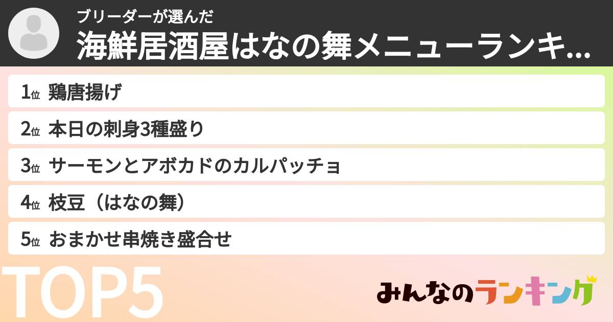 ブリーダーさんの「海鮮居酒屋はなの舞メニューランキング」