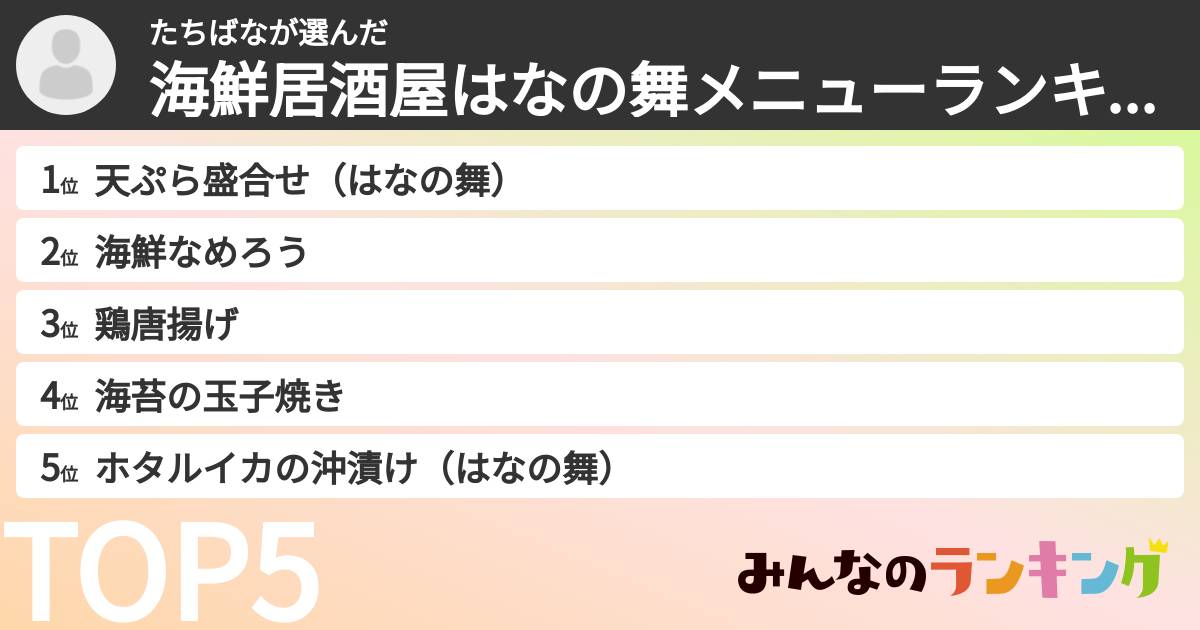 たちばなさんの「海鮮居酒屋はなの舞メニューランキング」