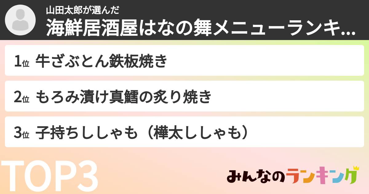 山田太郎さんの「海鮮居酒屋はなの舞メニューランキング」