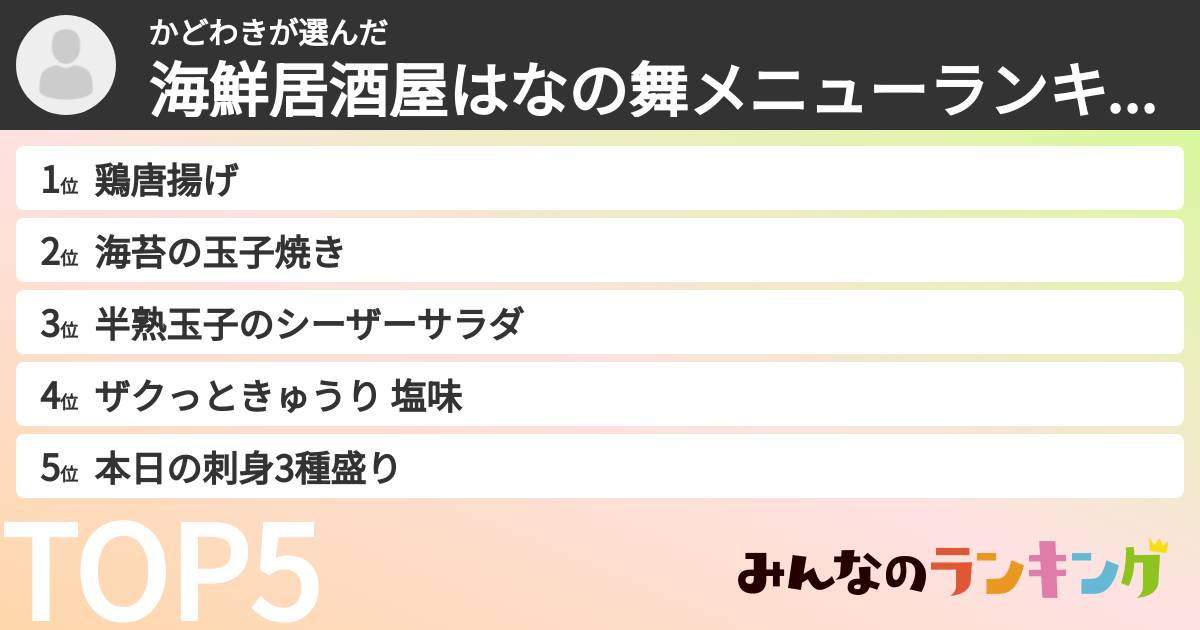かどわきさんの「海鮮居酒屋はなの舞メニューランキング」