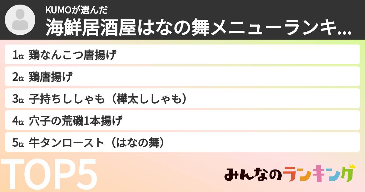 KUMOさんの「海鮮居酒屋はなの舞メニューランキング」