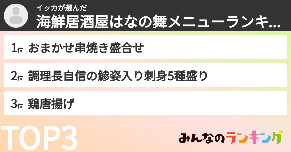 イッカさんの「海鮮居酒屋はなの舞メニューランキング」
