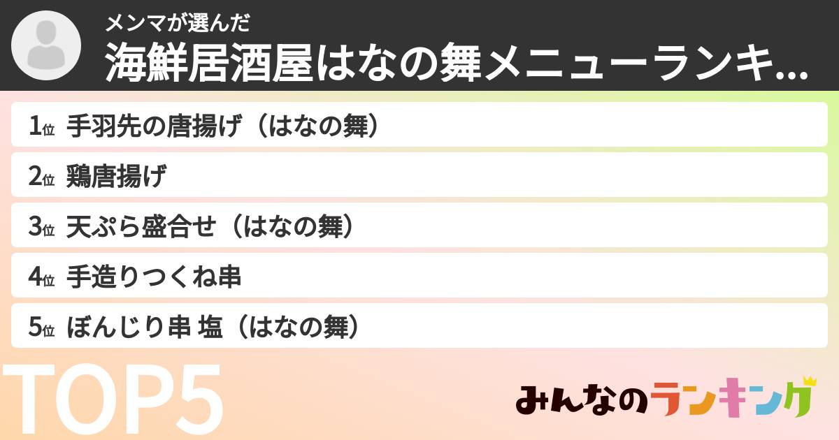 メンマさんの「海鮮居酒屋はなの舞メニューランキング」