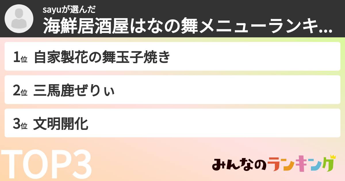 sayuさんの「海鮮居酒屋はなの舞メニューランキング」