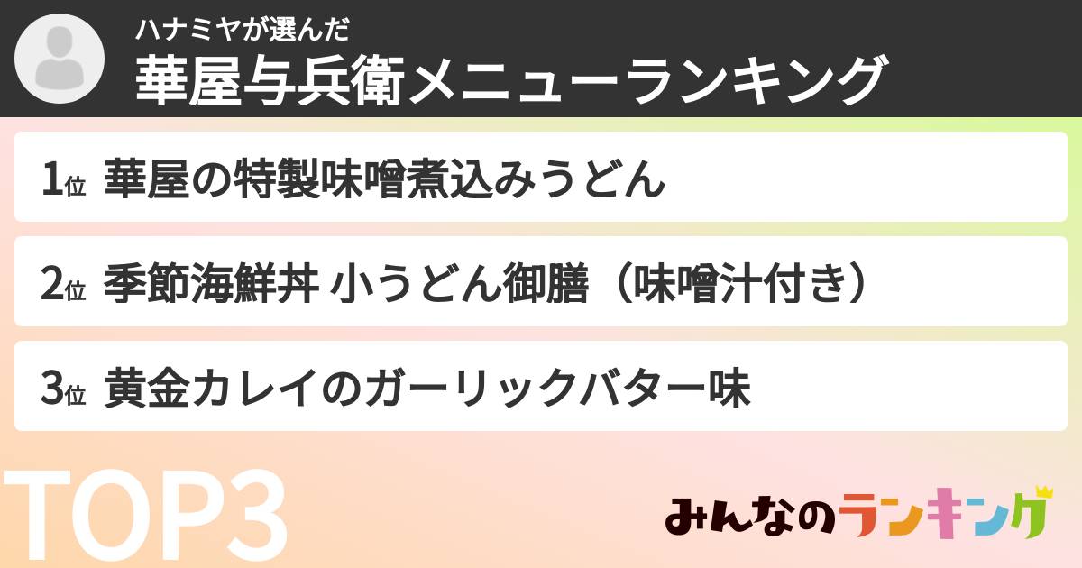 ハナミヤさんの「華屋与兵衛メニューランキング」