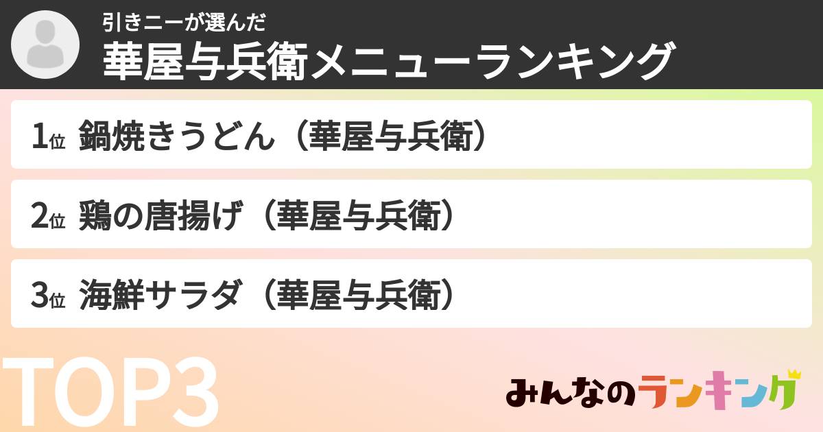 引きニーさんの「華屋与兵衛メニューランキング」