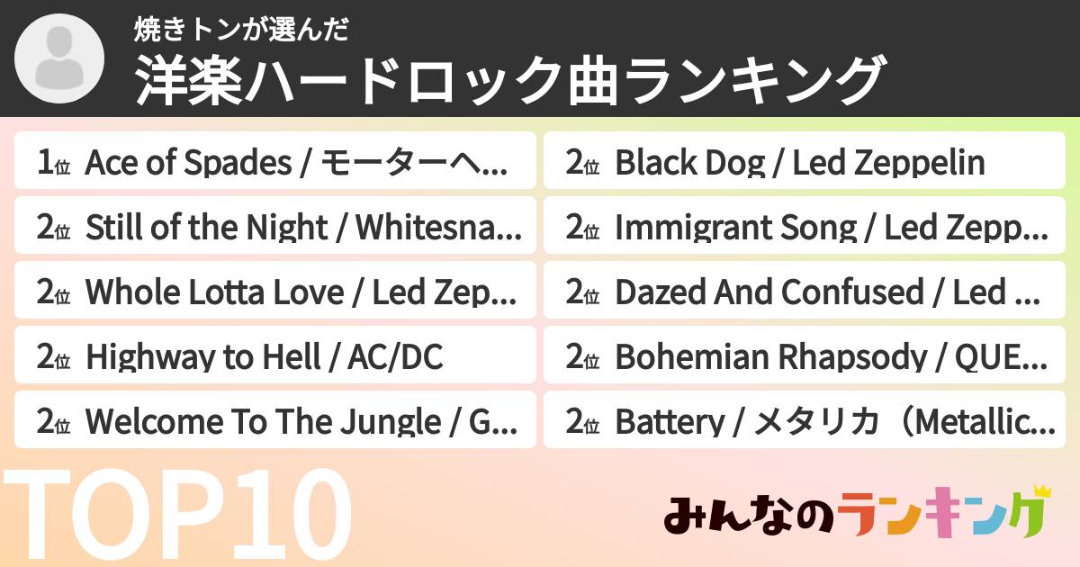 焼きトンさんの「洋楽ハードロック曲ランキング」