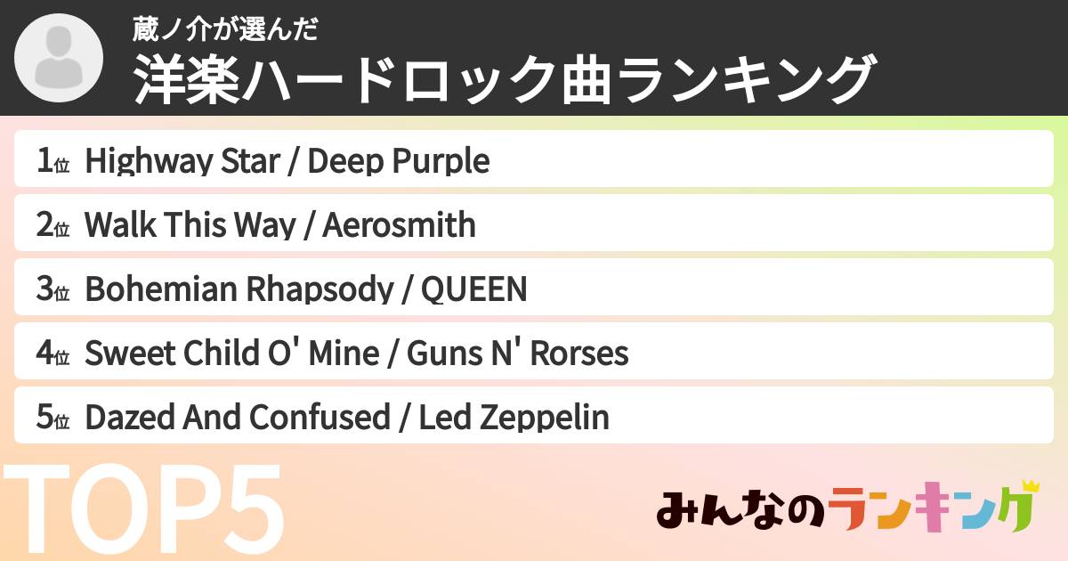 蔵ノ介さんの「洋楽ハードロック曲ランキング」