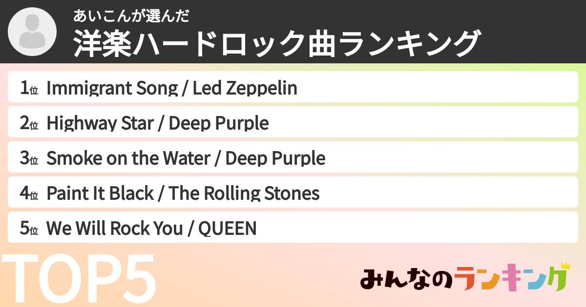 あいこんさんの「洋楽ハードロック曲ランキング」
