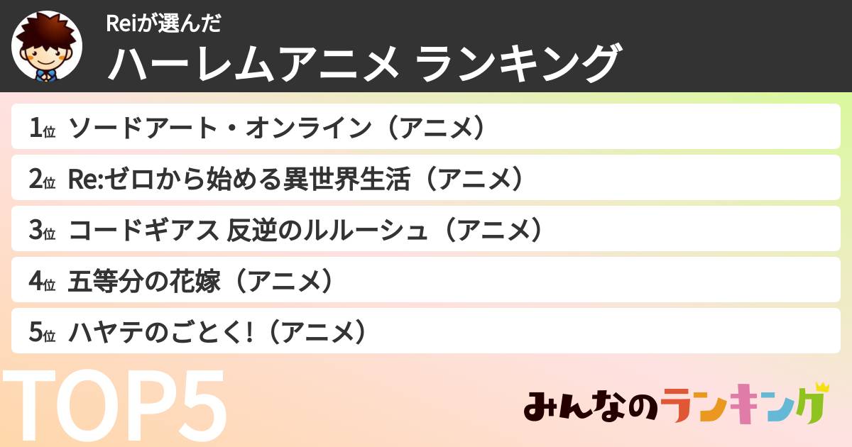 Reiさんの「ハーレムアニメ ランキング」