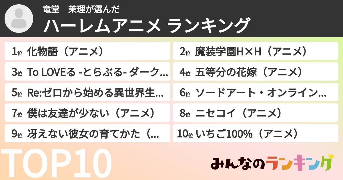 竜堂　茉理さんの「ハーレムアニメ ランキング」