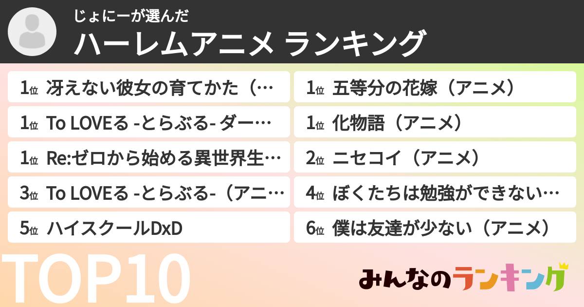 じょにーさんの「ハーレムアニメ ランキング」