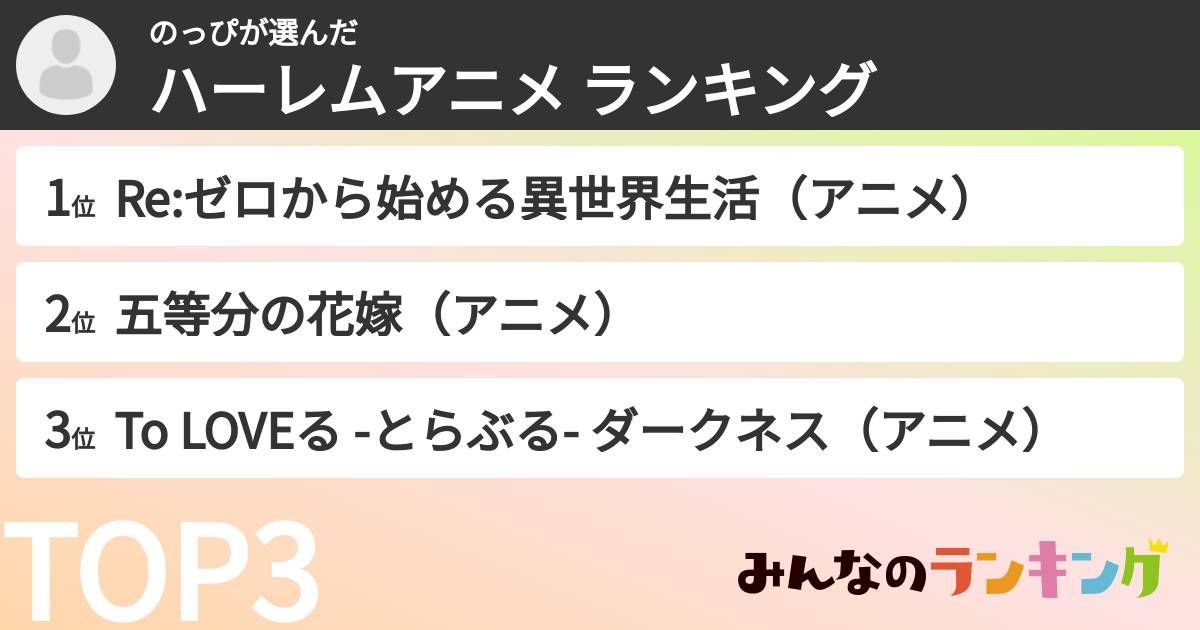 のっぴさんの「ハーレムアニメ ランキング」