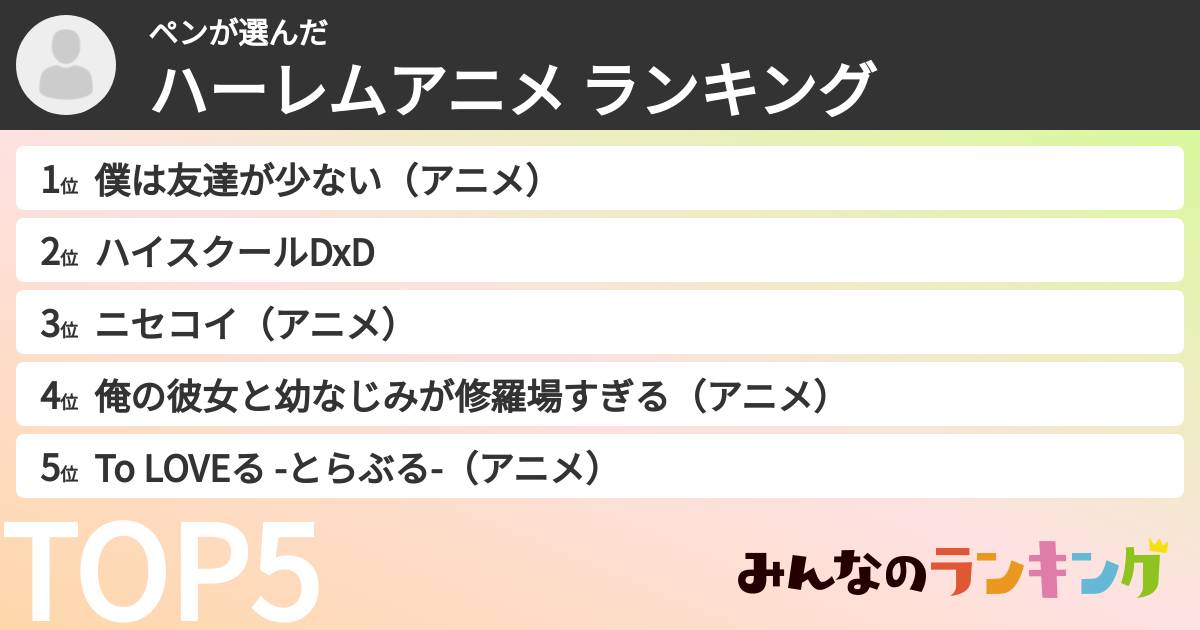 ペンさんの「ハーレムアニメ ランキング」