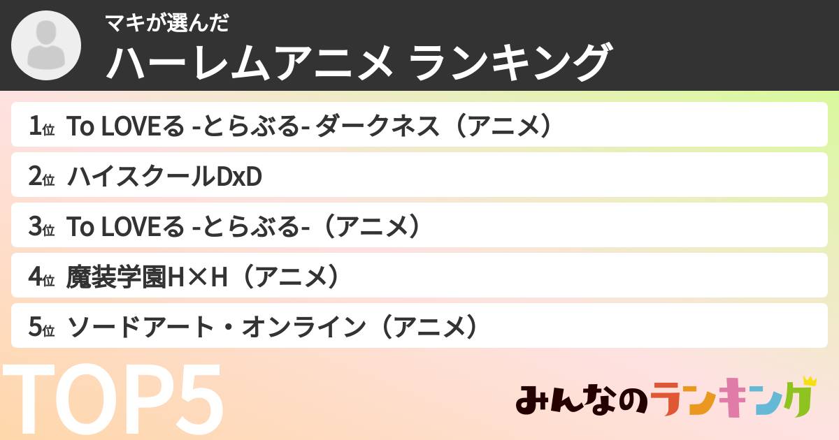 マキさんの「ハーレムアニメ ランキング」